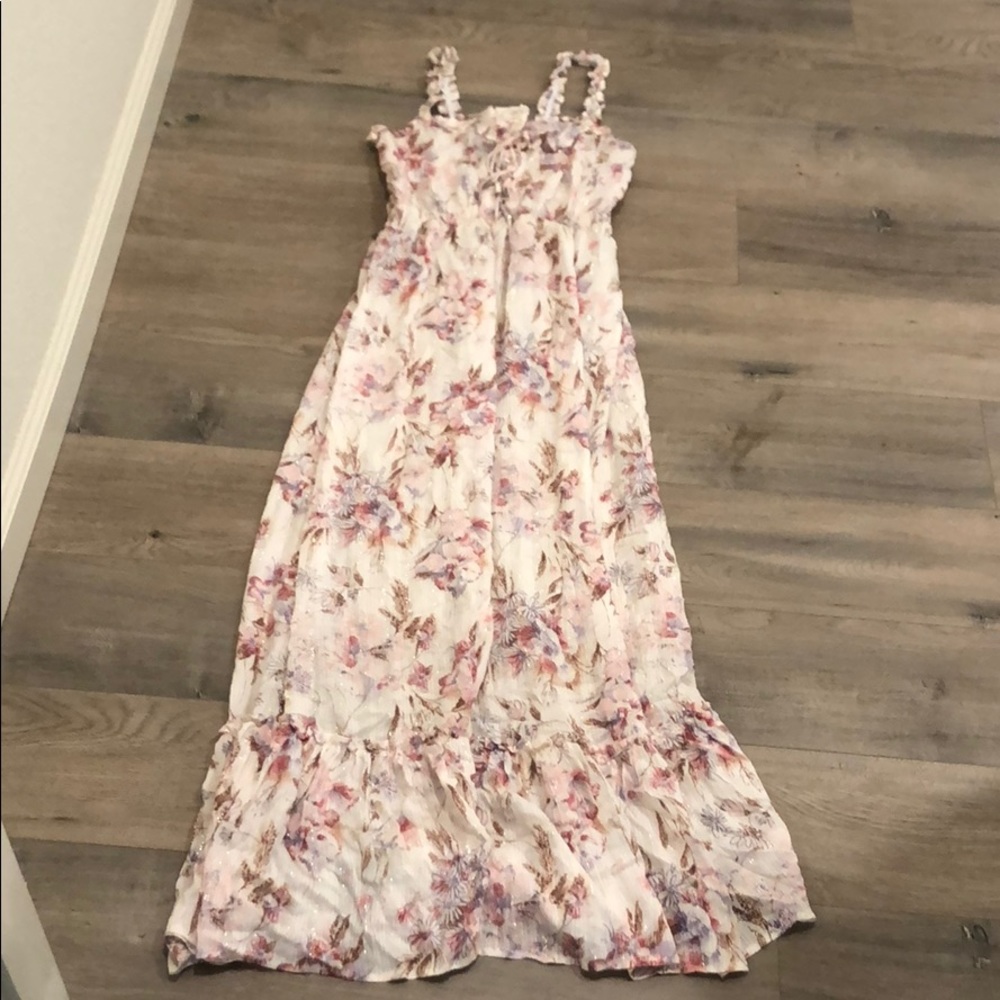 Cream floral shimmer lace up maxi dress